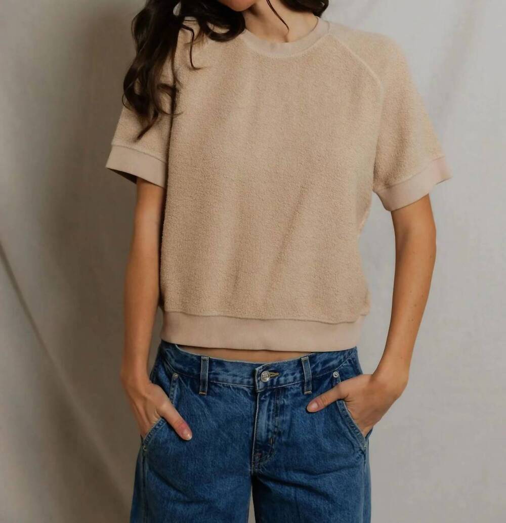 NEW PERFECTWHITETEE kennedy reverse fleece short-sleeve crewneck top in beige